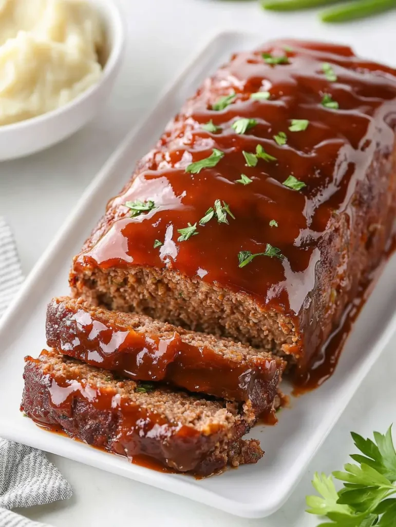 Juicy bacon cheeseburger meatloaf glazed with sauce and garnished with parsley, served on a white plate.