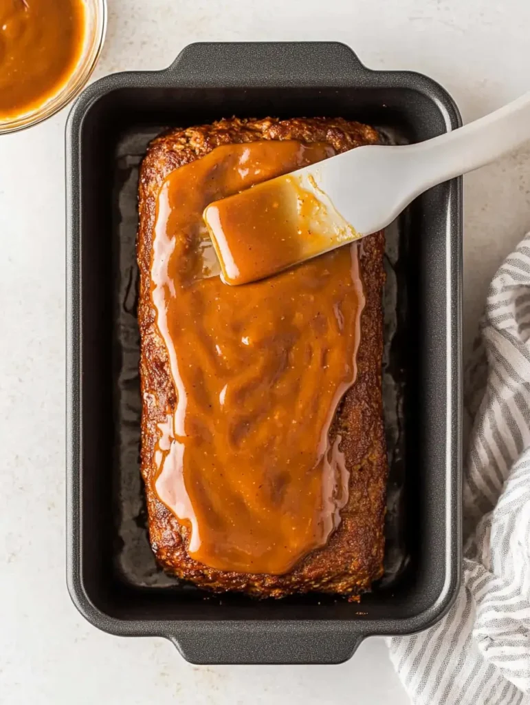 Uncooked bacon cheeseburger meatloaf in a loaf pan topped with a rich glaze being spread with a spatula.