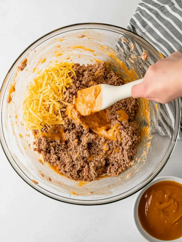 Mixing bowl with ground beef, shredded cheddar cheese, and sauce being combined with a spatula to prepare meatloaf. A small bowl of sauce is placed nearby.