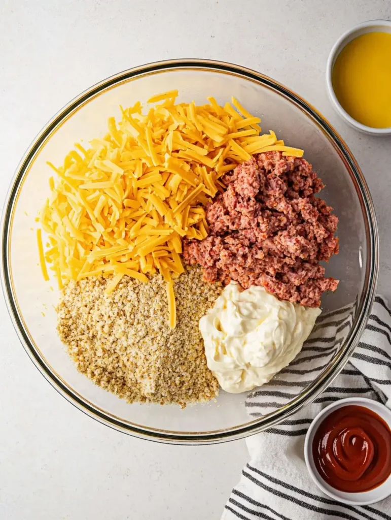 Glass bowl with shredded cheddar cheese, ground beef, breadcrumbs, and mayonnaise, ready for mixing to prepare bacon cheeseburger meatloaf. Small bowls of ketchup and melted butter are placed nearby.