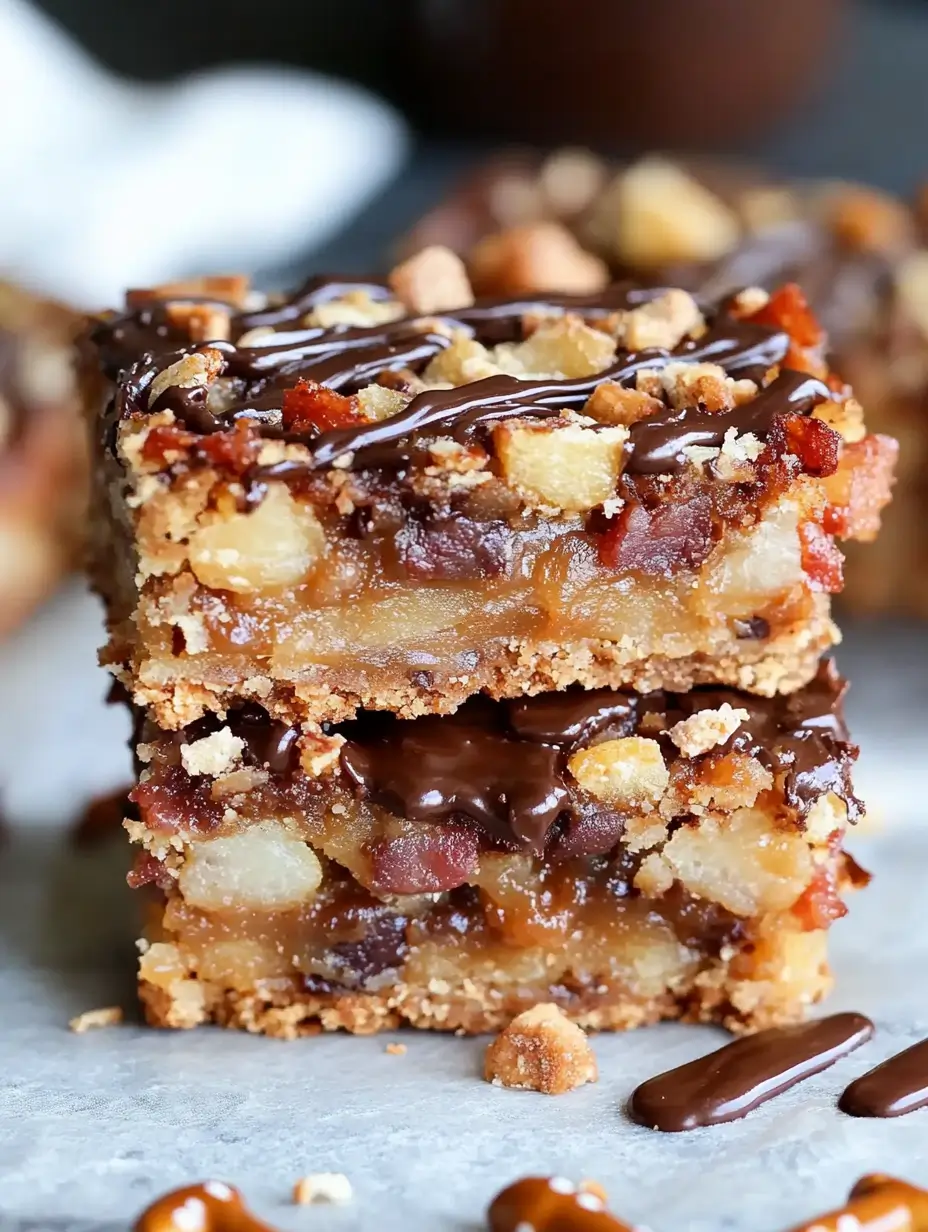 Bacon Beer and Potato Chip Cookie Bars with layers of caramel, chocolate, bacon, and a chocolate drizzle.