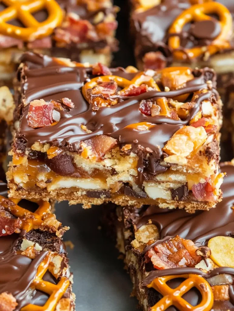 Bacon Beer and Potato Chip Cookie Bars topped with pretzels, caramel, and chocolate drizzle