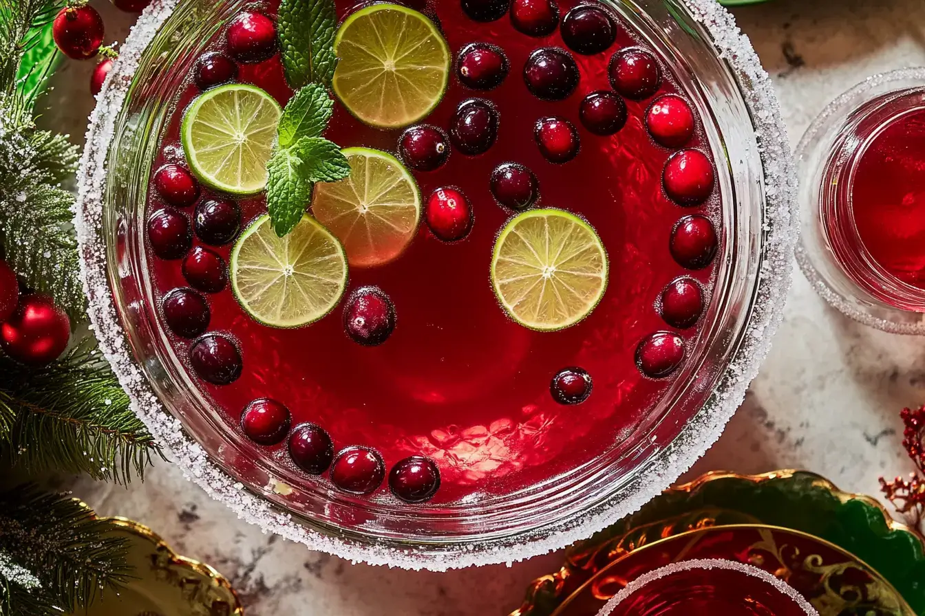 Bowl of jingle juice punch garnished with fresh cranberries, lime slices, and mint leaves.