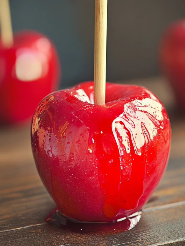 Bright red candy apples with a glossy coating.