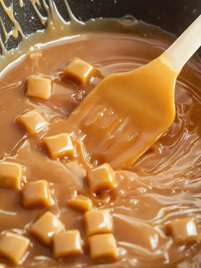 Melted caramel cubes stirred with a spatula in a saucepan.