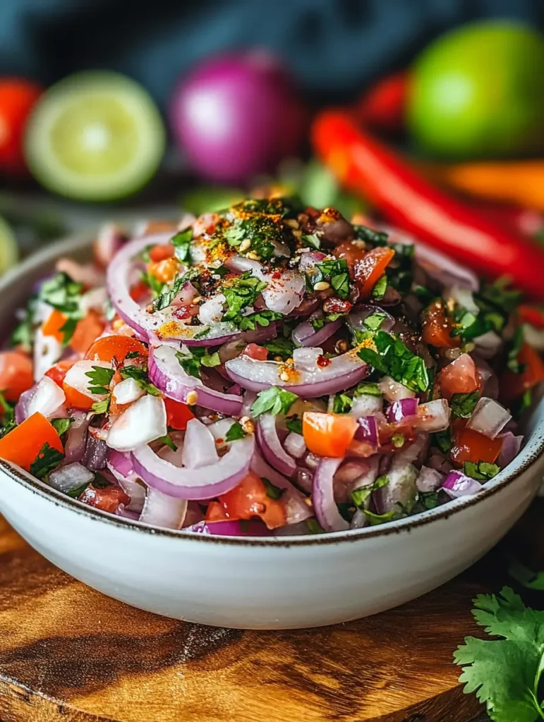 A fresh and vibrant bowl of cebolla ensalada, featuring red onions, tomatoes, cilantro, and a hint of chili for a zesty flavor