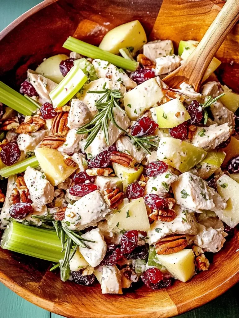 A wooden bowl filled with chicken salad, featuring cranberries, pecans, diced apples, celery, and a creamy dressing, garnished with fresh rosemary.