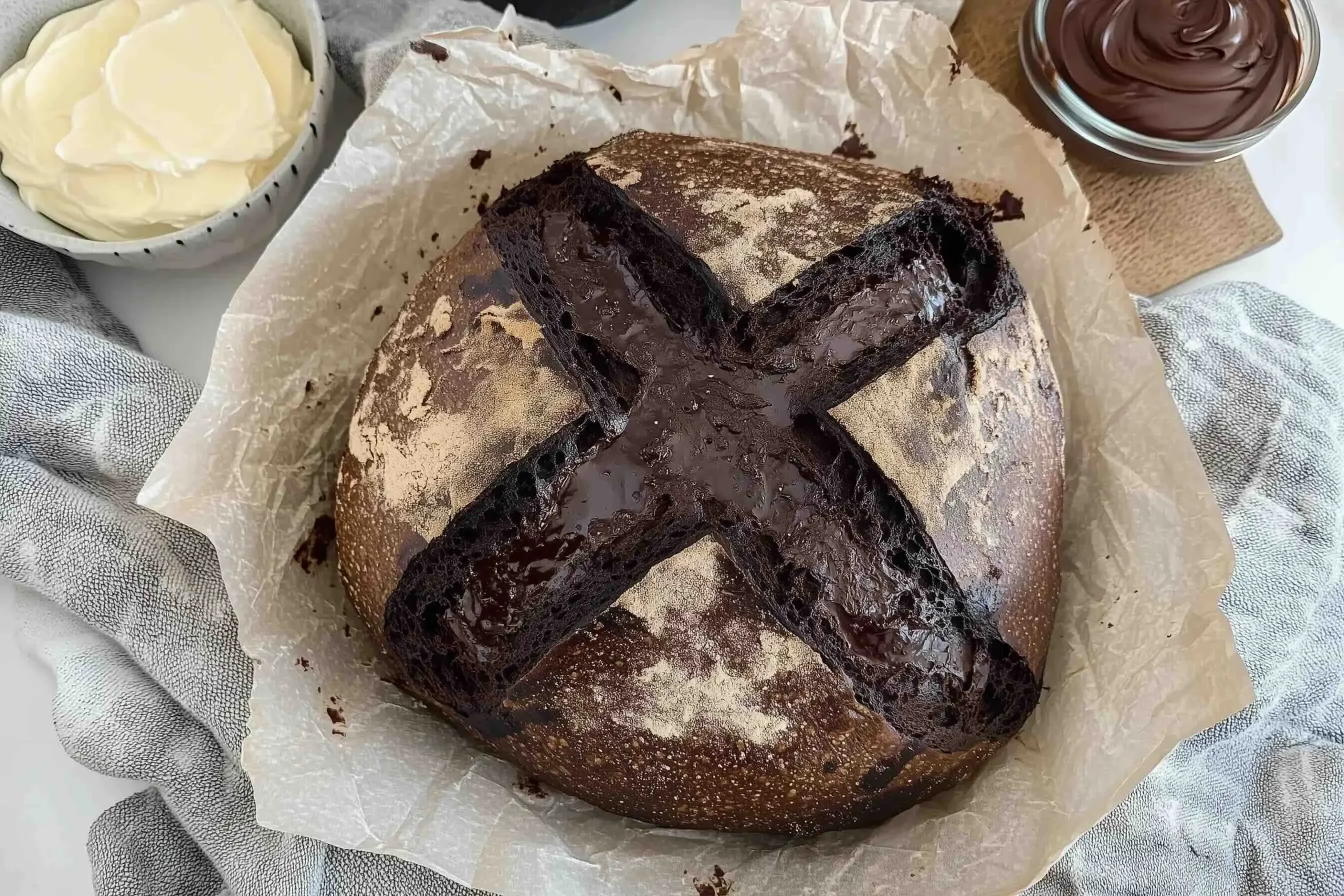 Rich chocolate sourdough bread with a perfect crust, served with butter and chocolate spread.