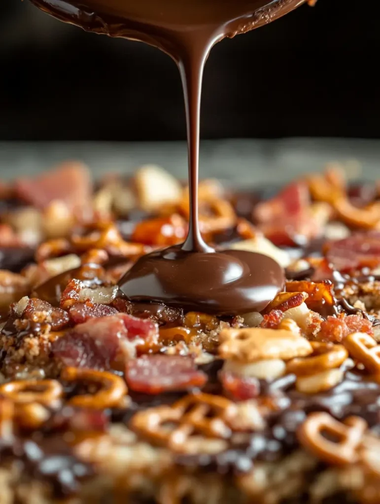 Chocolate being drizzled over a topping of bacon, pretzels, and nuts on cookie bars.