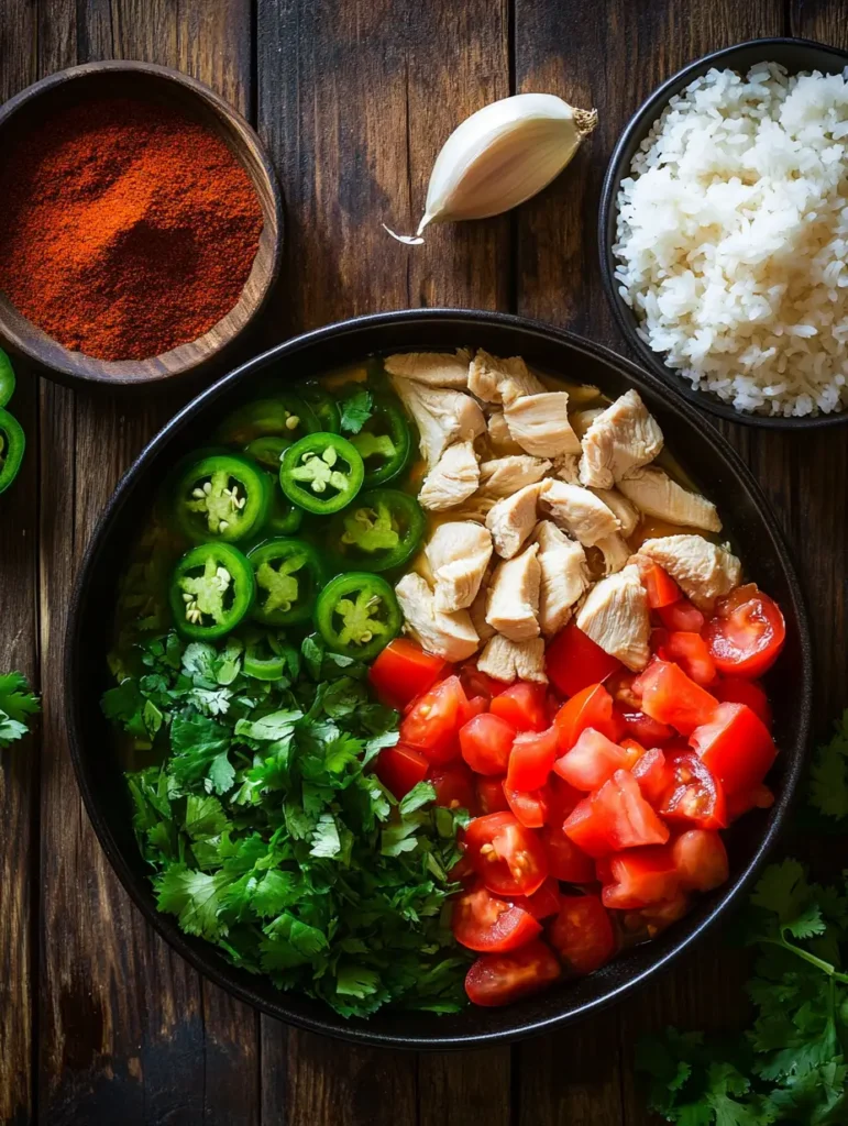 Ingredients for Chopt Spicy Chicken Soup arranged in a bowl: diced chicken, tomatoes, jalapeños, fresh cilantro, and cooked rice, with garlic and spices on the side.