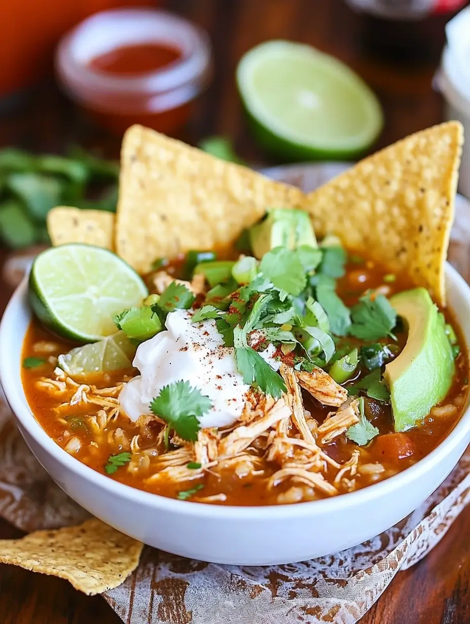 Bowl of Chopt Spicy Chicken Soup topped with sour cream, avocado, fresh cilantro, lime, and tortilla chips.