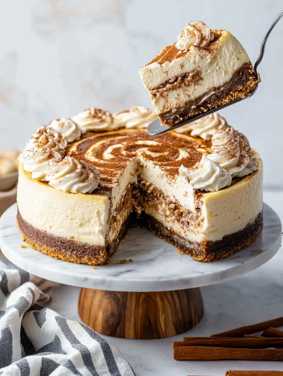 Slice of cinnamon roll cheesecake with a swirl of cinnamon and a creamy topping.