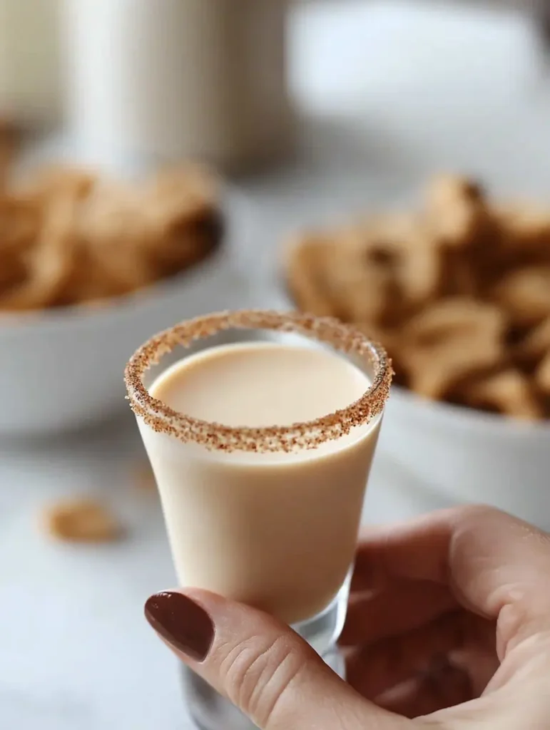 Hand holding a Cinnamon Toast Crunch shot rimmed with cinnamon sugar, with a blurred bowl of cereal in the background.