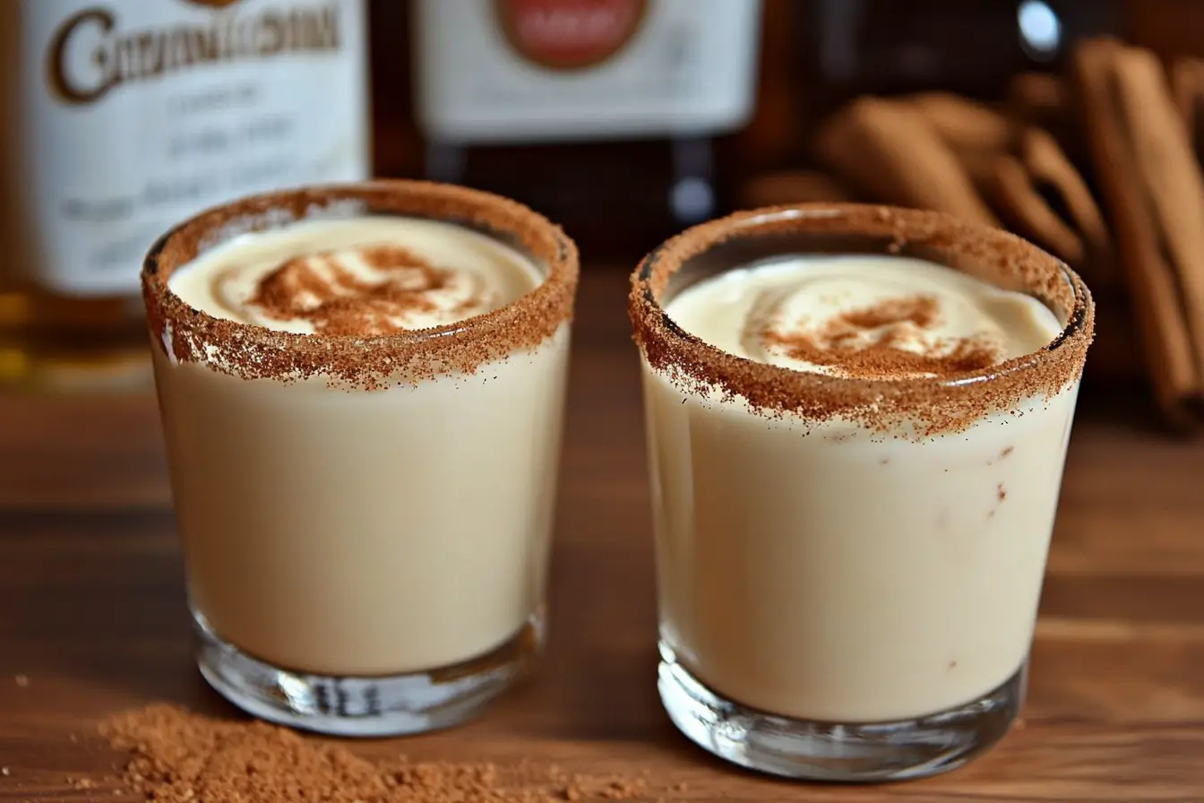 Two Cinnamon Toast Crunch shots with cinnamon sugar rims.