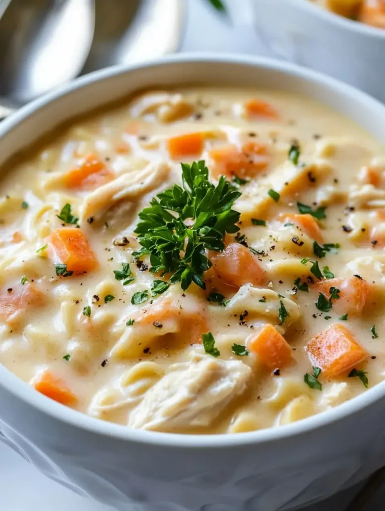 Crack chicken noodle soup served in a bowl with chicken, carrots, noodles, and parsley garnish.