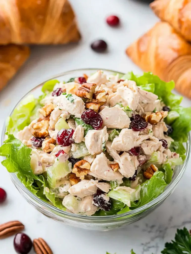 A clear glass bowl filled with cranberry pecan chicken salad, featuring tender chicken pieces, dried cranberries, pecans, celery, and a creamy dressing, served on a bed of fresh lettuce.