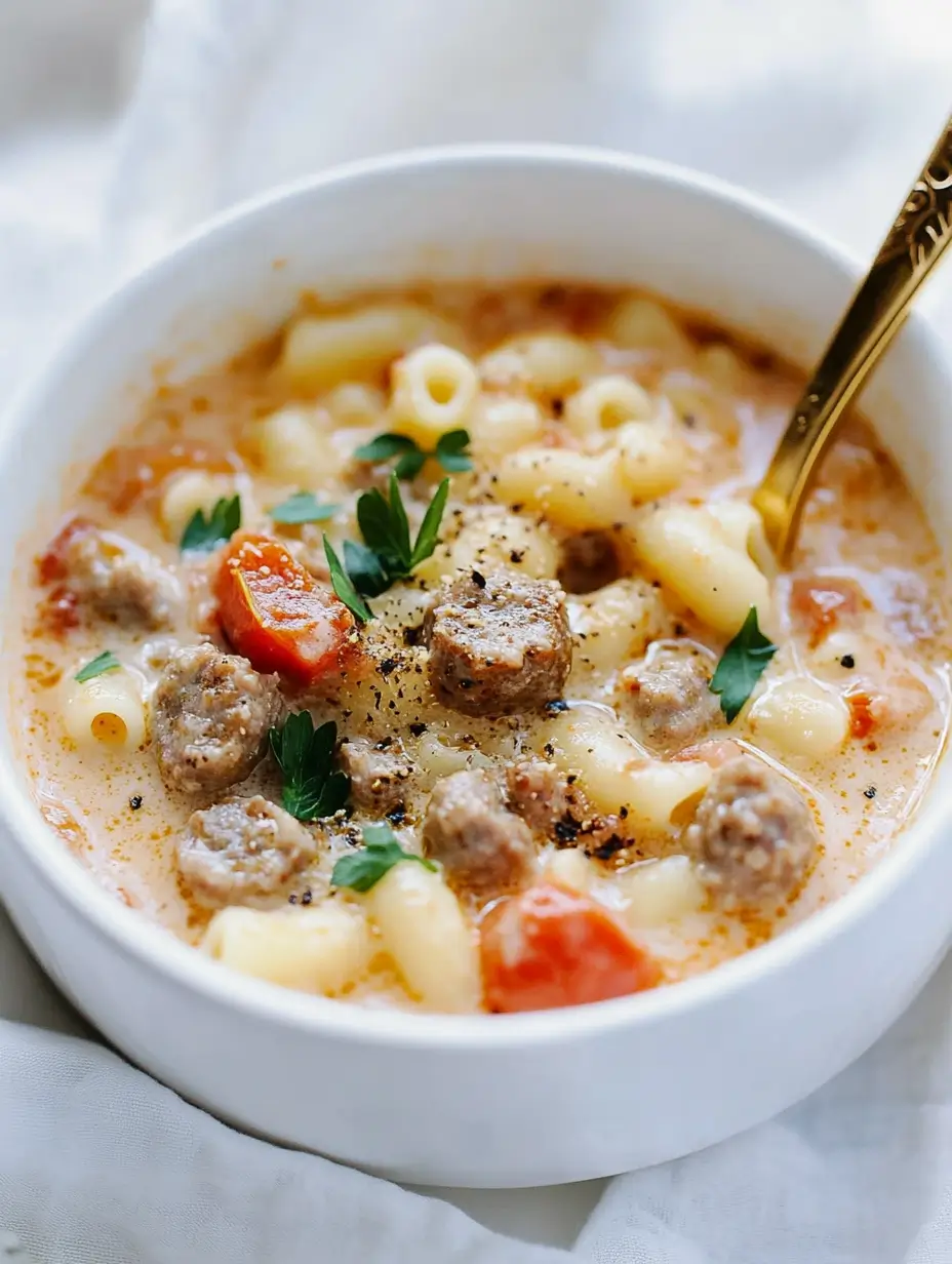 Delicious bowl of creamy Parmesan Italian sausage soup with vegetables and herbs.