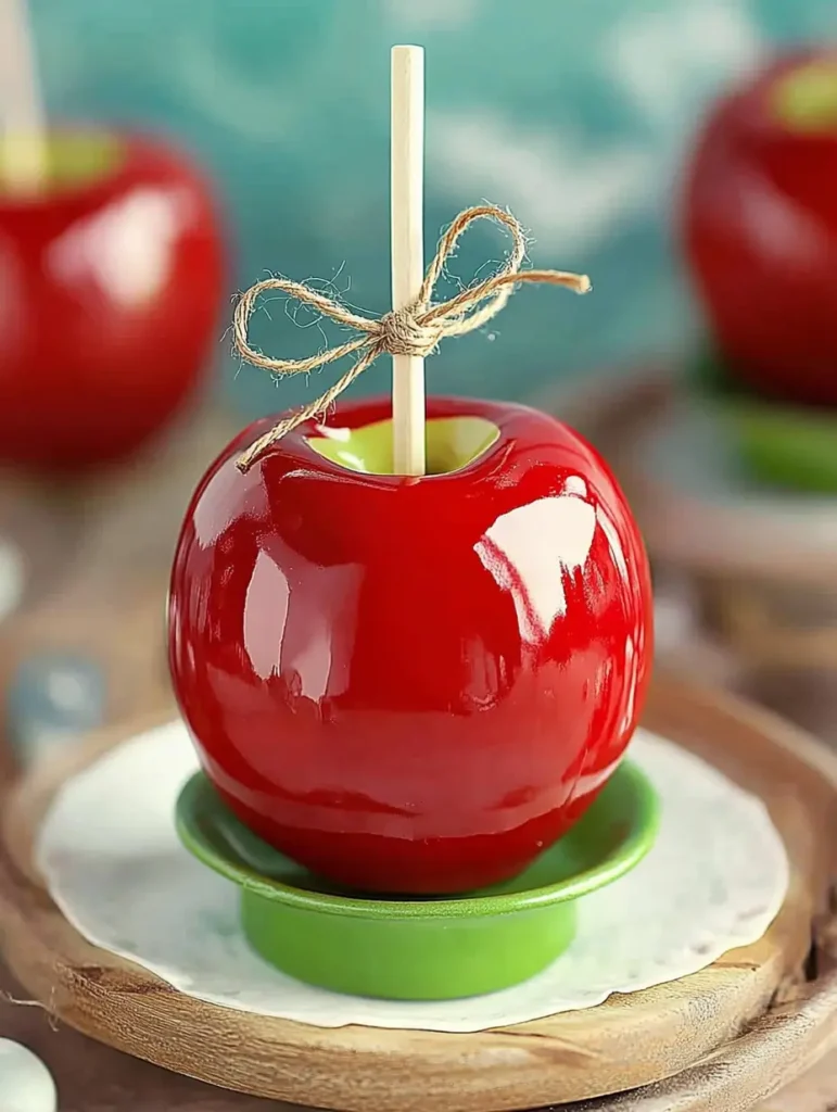 Shiny red candy apples on sticks, ready to enjoy.