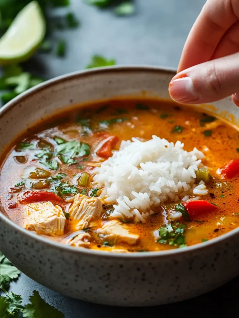 A bowl of Chopt Spicy Chicken Soup garnished with fresh herbs, vibrant vegetables, and a scoop of fluffy white rice, with a hand sprinkling seasoning.