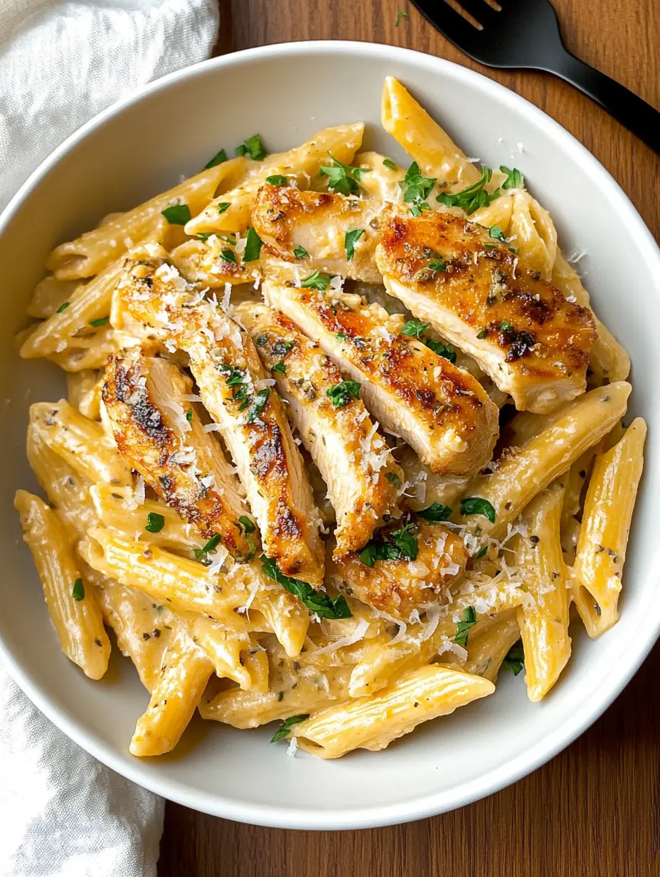 Plate of Garlic Parmesan Chicken Pasta with tender chicken, creamy garlic sauce, and a sprinkle of parmesan cheese, garnished with fresh parsley.