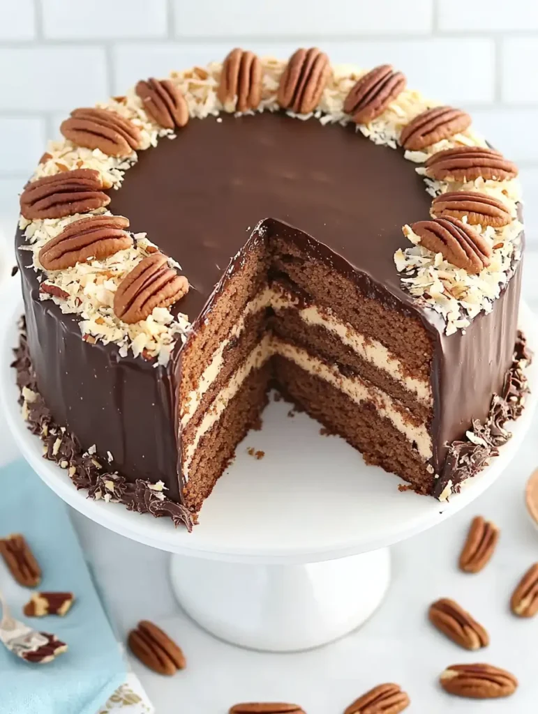 German Chocolate Cake Recipe with pecans and chocolate frosting.