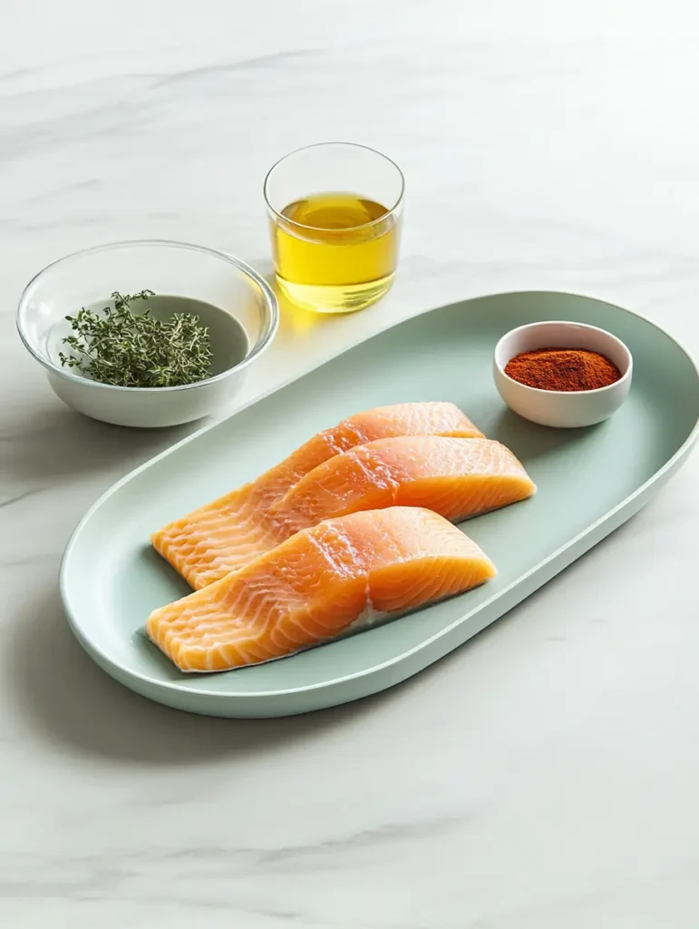 Salmon fillets with olive oil, thyme, and seasoning, ready for baking at 350°F.