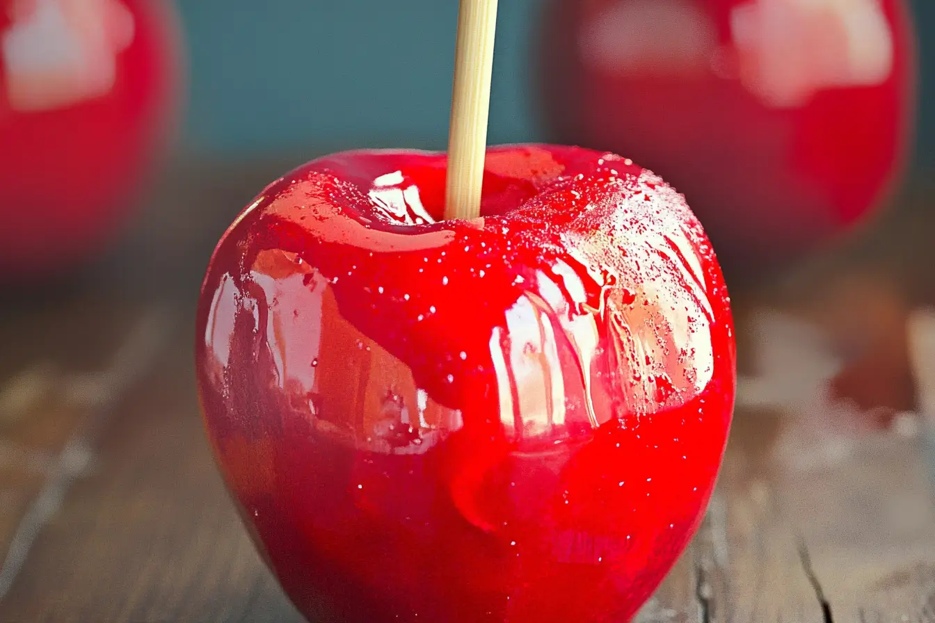 Candy apples with a shiny red coating on wooden sticks.