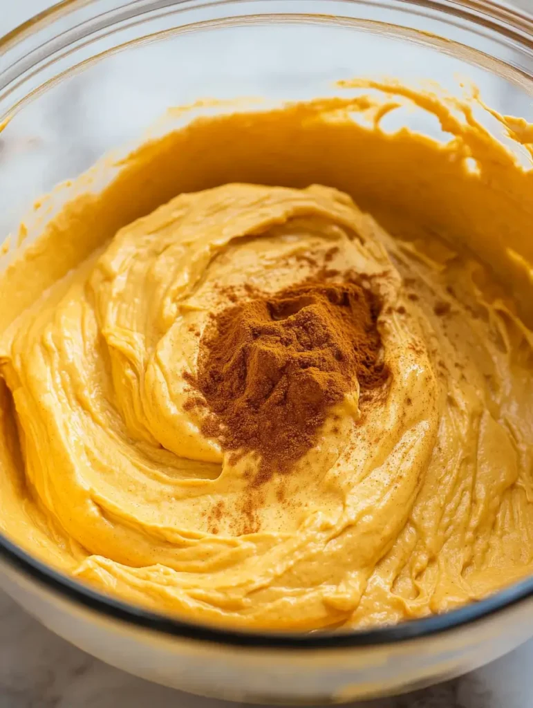 A glass bowl filled with creamy pumpkin cheesecake mixture topped with a sprinkle of cinnamon, ready for making no-bake pumpkin cheesecake balls.