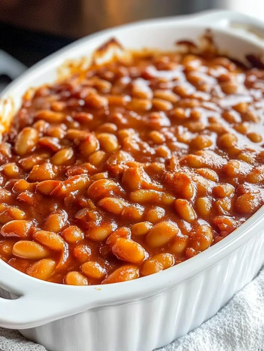 Homemade baked beans in a casserole dish with a rich sauce, perfect for serving at family meals or gatherings.