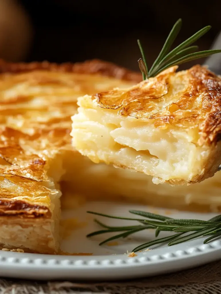 A slice of golden Passover potato pie with rosemary garnish.