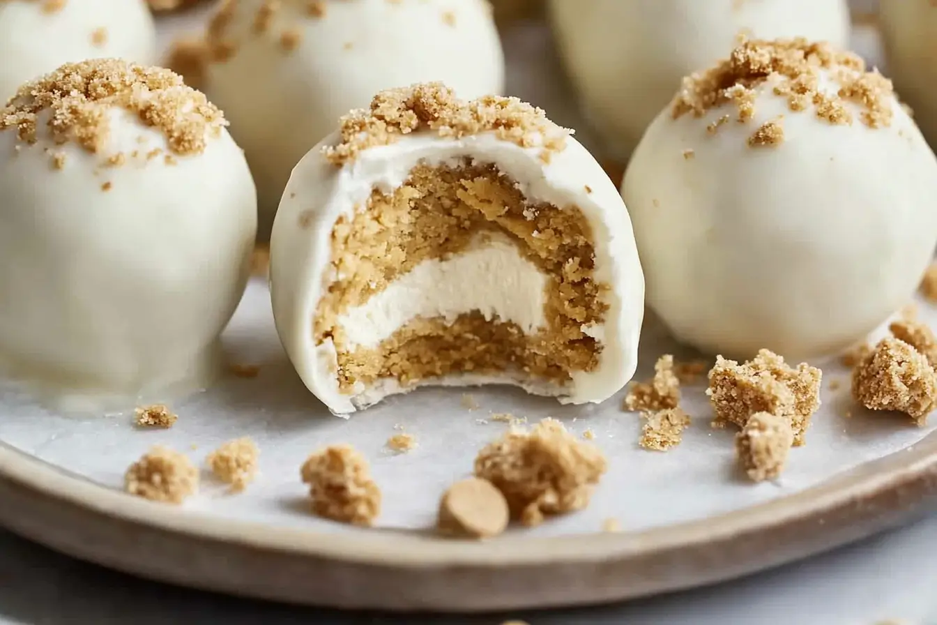 Pumpkin pie cheesecake truffles coated in white chocolate, showcasing a creamy cheesecake filling and crumbly topping on a neutral-toned plate.