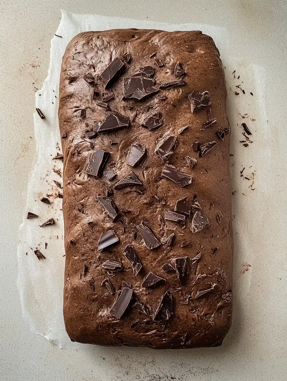 Unbaked sourdough chocolate bread dough topped with dark chocolate chunks, ready to be baked to perfection.