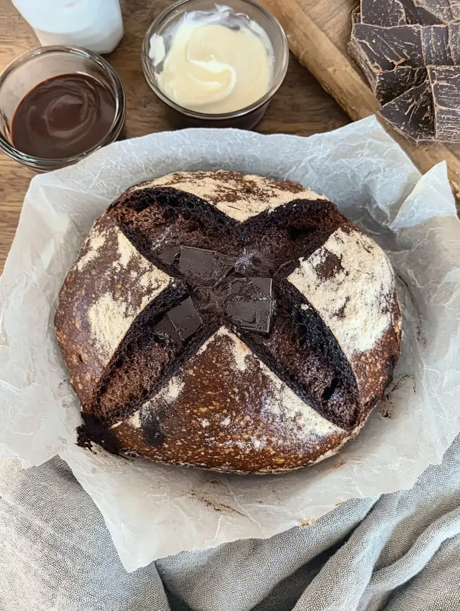 Sourdough chocolate bread topped with rich dark chocolate chunks, served alongside butter and chocolate spread.