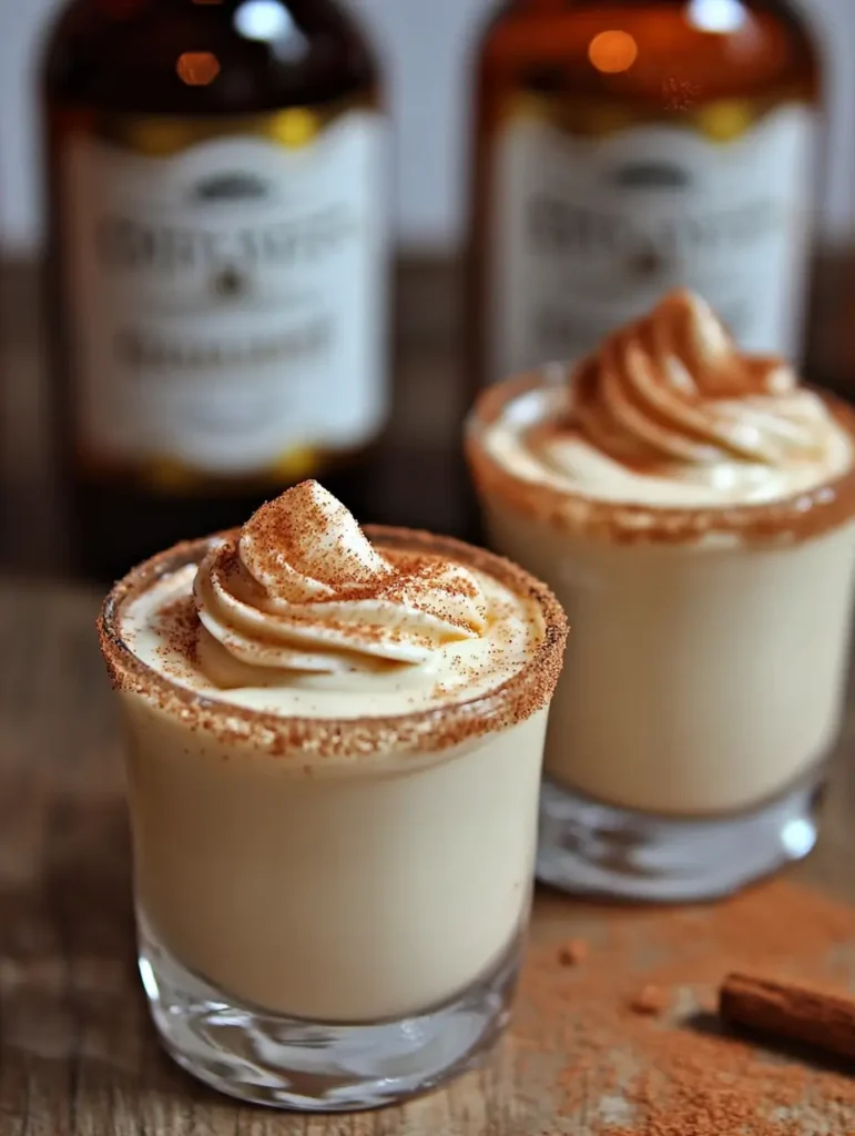 creamy Cinnamon Toast Crunch shot garnished with whipped cream and cinnamon sugar, with bottles of liquor in the background.