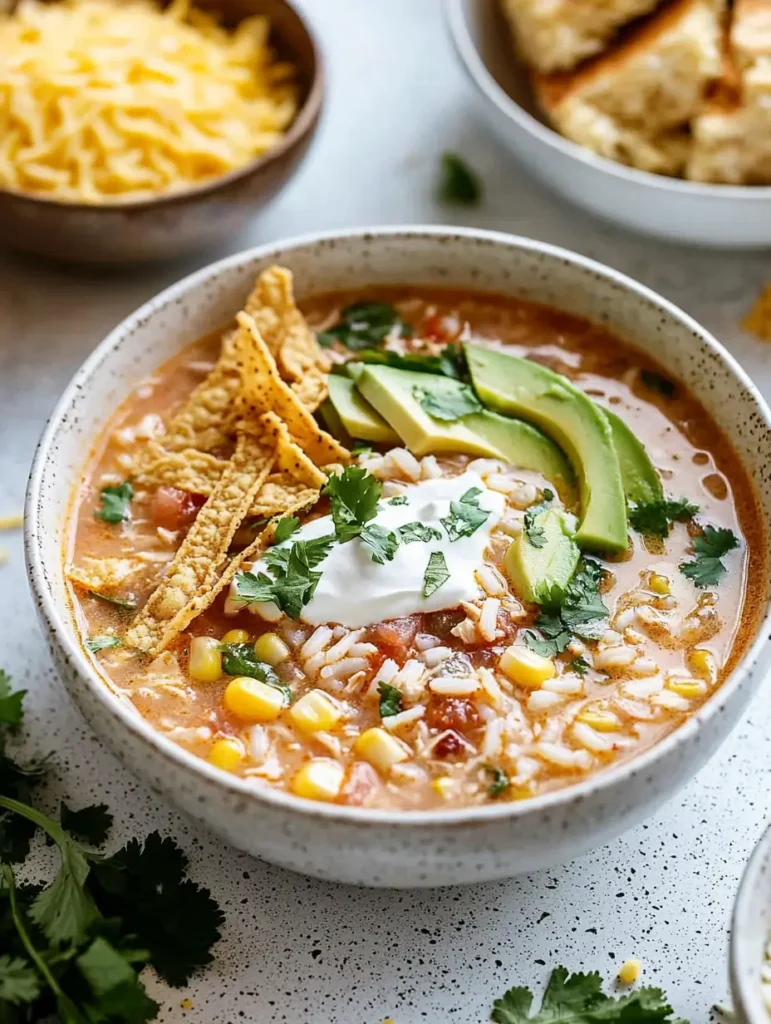 A hearty bowl of Chopt Spicy Chicken Soup garnished with avocado slices, sour cream, tortilla chips, and fresh cilantro, served alongside bowls of shredded cheese and crusty bread.