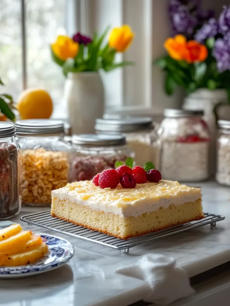 A freshly baked Kefir Sheet Cake topped with raspberries and a drizzle of honey, cooling on a wire rack in a cozy kitchen setting.