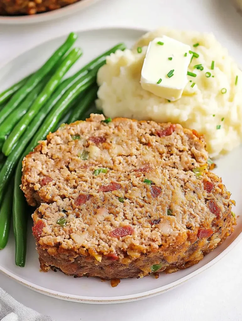 Two slices of bacon cheeseburger meatloaf served on a white plate with creamy mashed potatoes topped with butter and a side of steamed green beans.