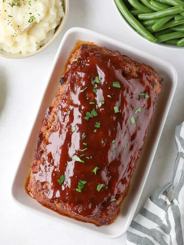 Cooked bacon cheeseburger meatloaf glazed with a rich sauce and garnished with fresh parsley, served in a white dish alongside bowls of mashed potatoes and green beans.