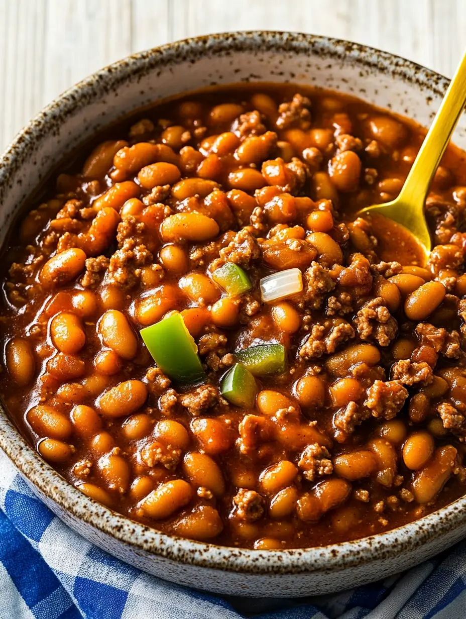 Bowl of baked beans with ground beef and bell peppers in a rich, savory sauce.