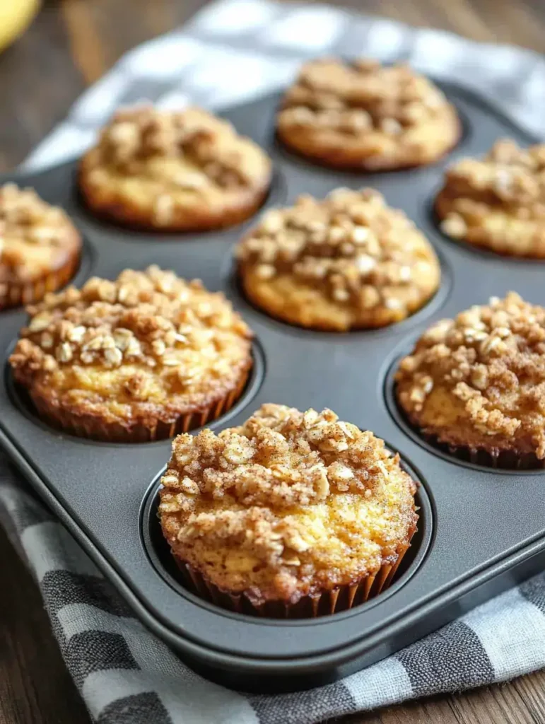 Freshly baked banana muffins topped with a crunchy oat crumble, arranged in a muffin tray on a checkered cloth.