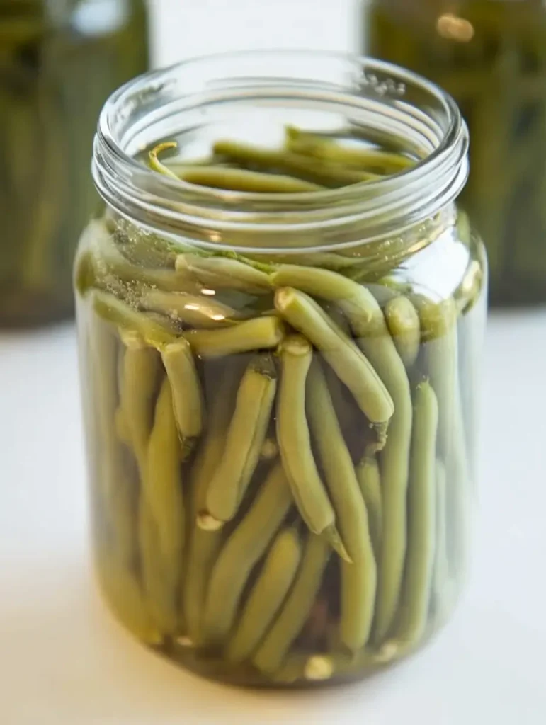 Jar filled with canned green beans, showing neatly arranged beans in liquid.