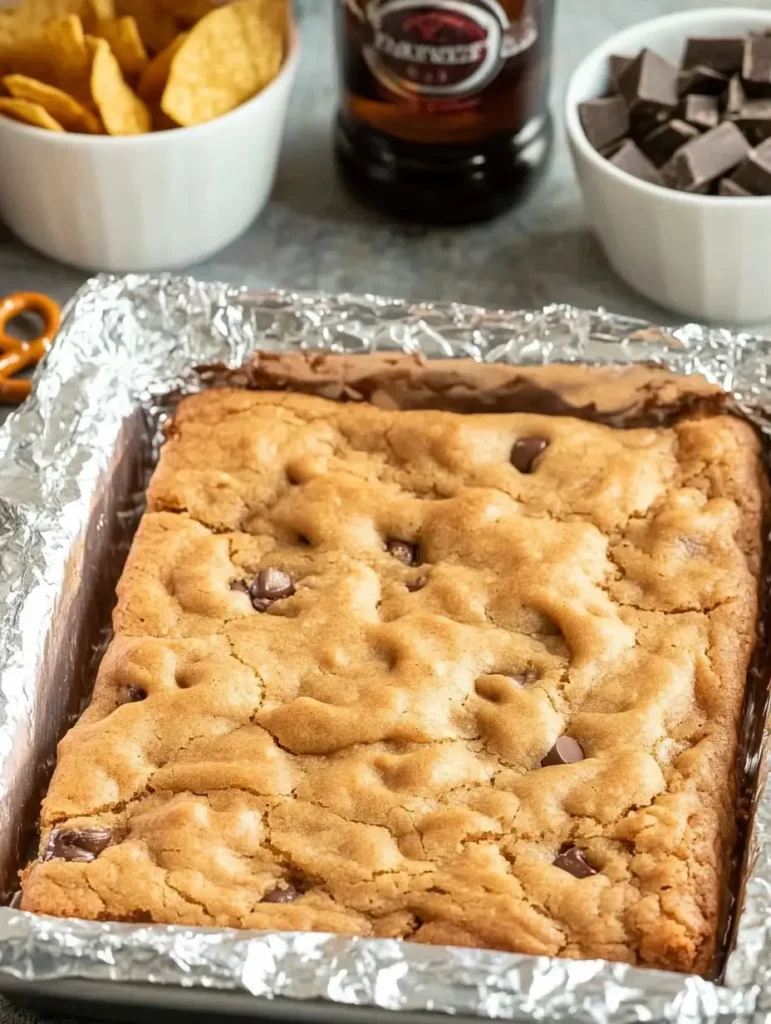 Baked cookie dough in a foil-lined pan, surrounded by bowls of chocolate chunks, potato chips, and a bottle of beer.