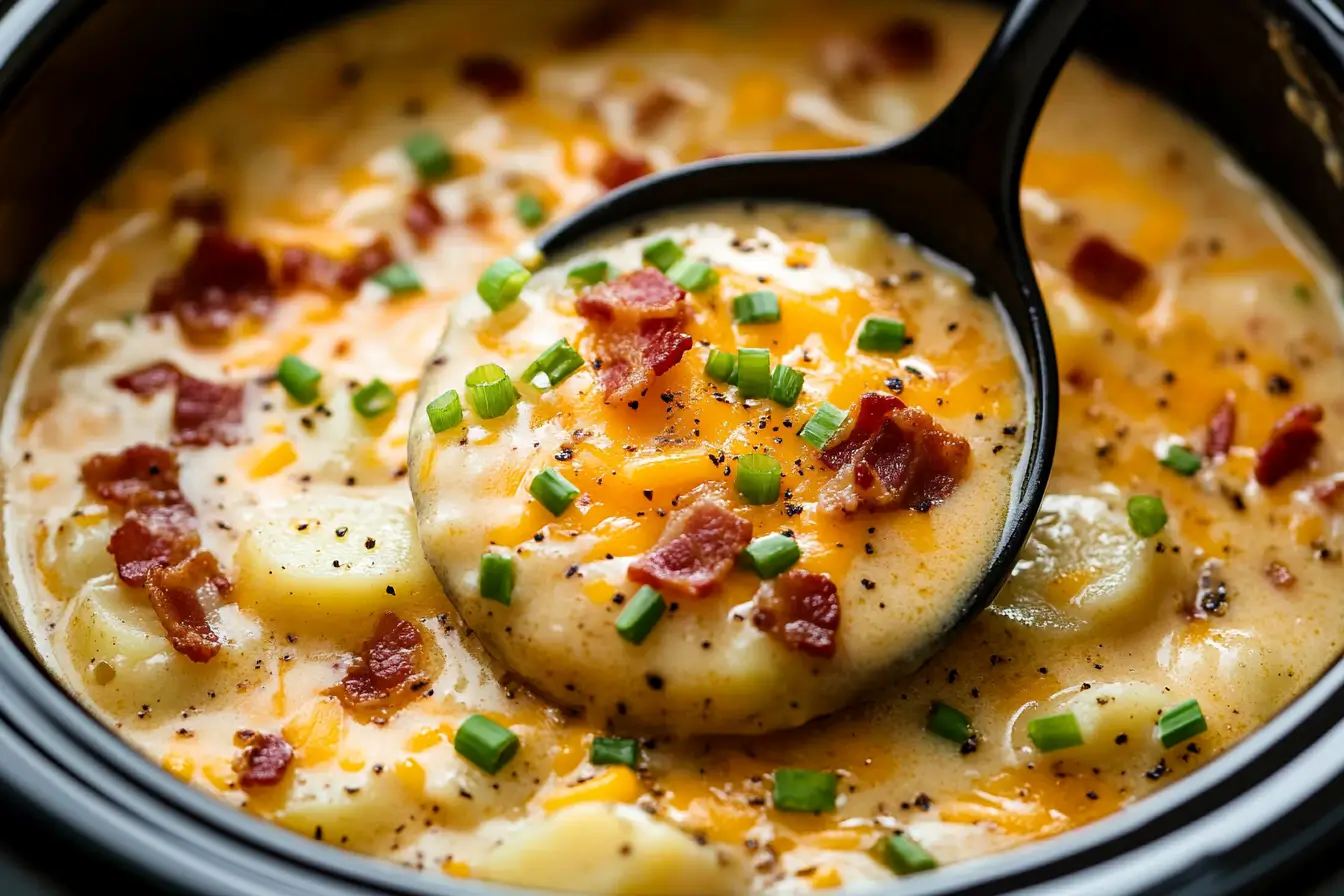 Crock Pot Crack Potato Soup topped with crispy bacon, shredded cheddar cheese, and fresh green onions, served in a black bowl.