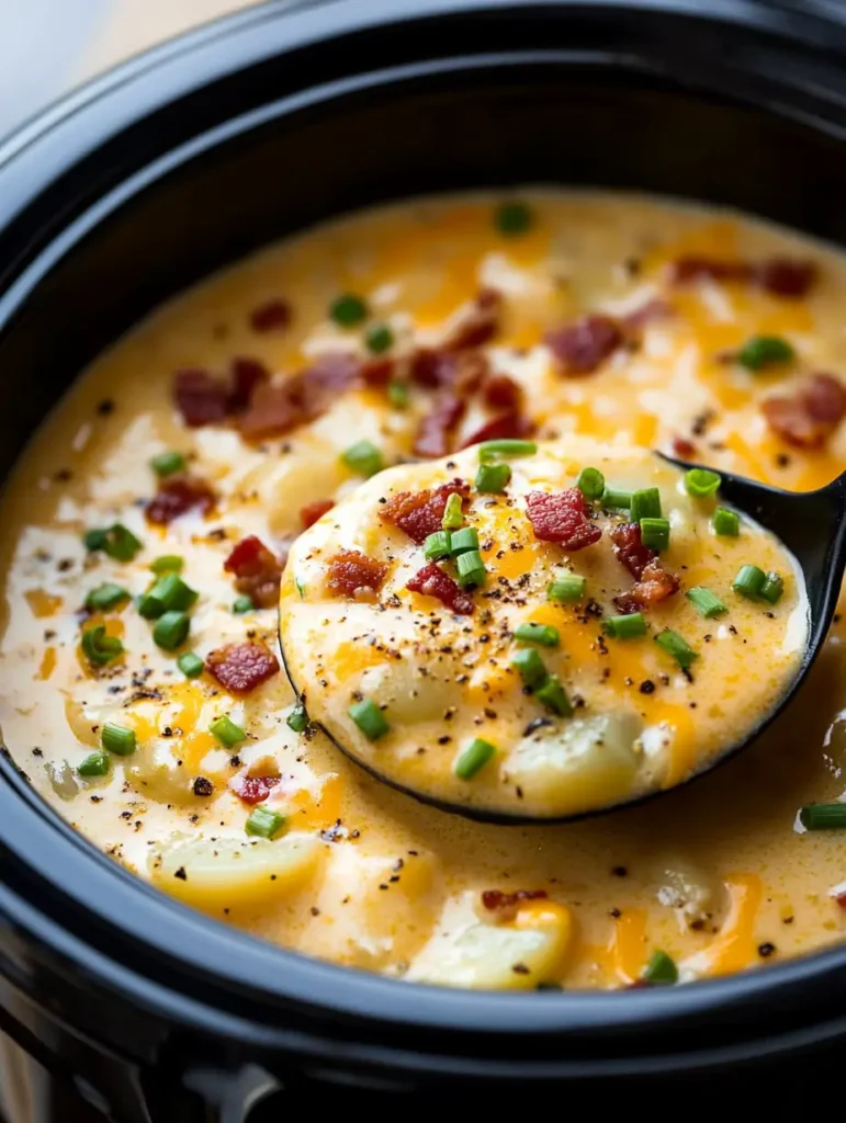 A black crockpot filled with creamy Crack Potato Soup, garnished with crispy bacon bits, melted cheddar cheese, and fresh green onions, with a ladle scooping out a hearty serving.