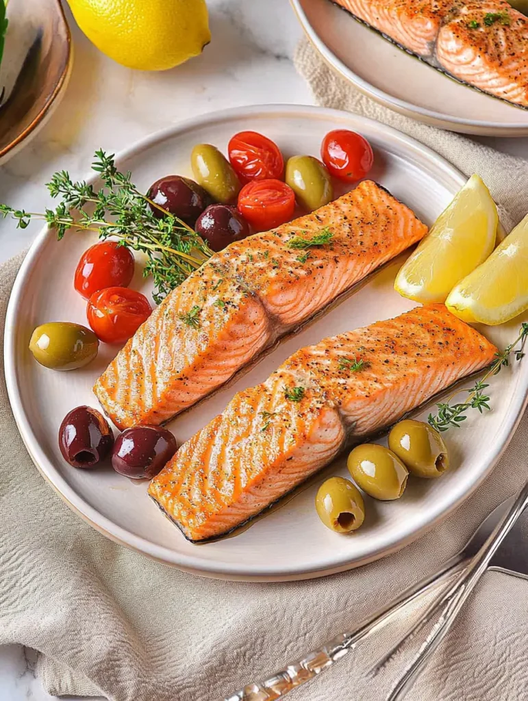 Oven-baked salmon served with olives, cherry tomatoes, and lemon wedges.