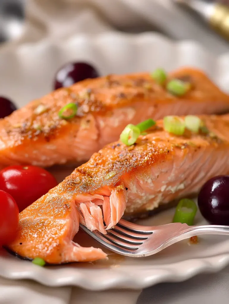 perfectly baked salmon, showing its tender and flaky texture, topped with green onions and served with cherry tomatoes.