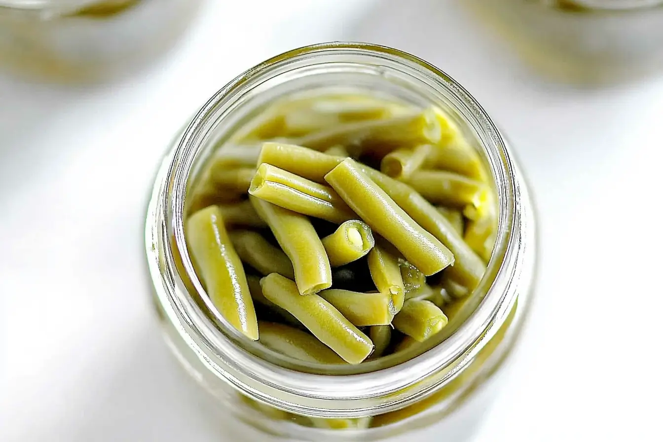 Canned green beans in a glass jar, showing fresh and crisp beans.