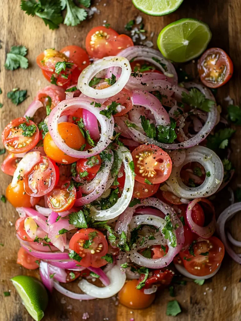 Ingredients for cebolla ensalada: red onions, tomatoes, cilantro, lime, and seasoning.