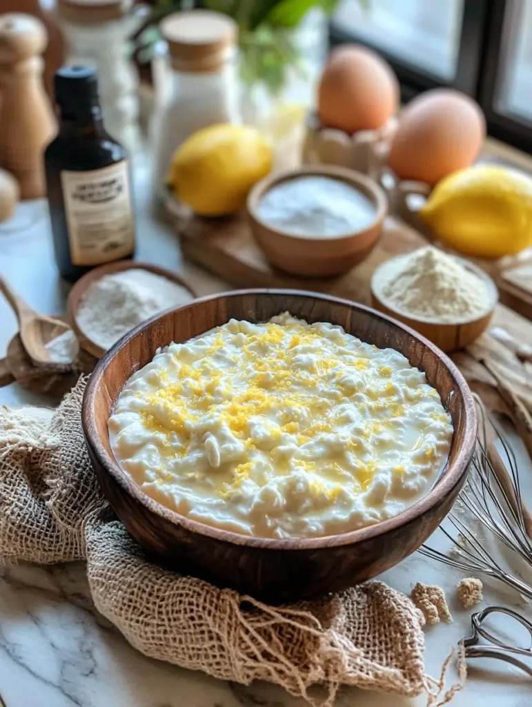 Ingredients for Easy Kefir Sheet Cake Recipe: Fresh kefir in a wooden bowl garnished with lemon zest, surrounded by eggs, lemons, flour, sugar, vanilla extract.