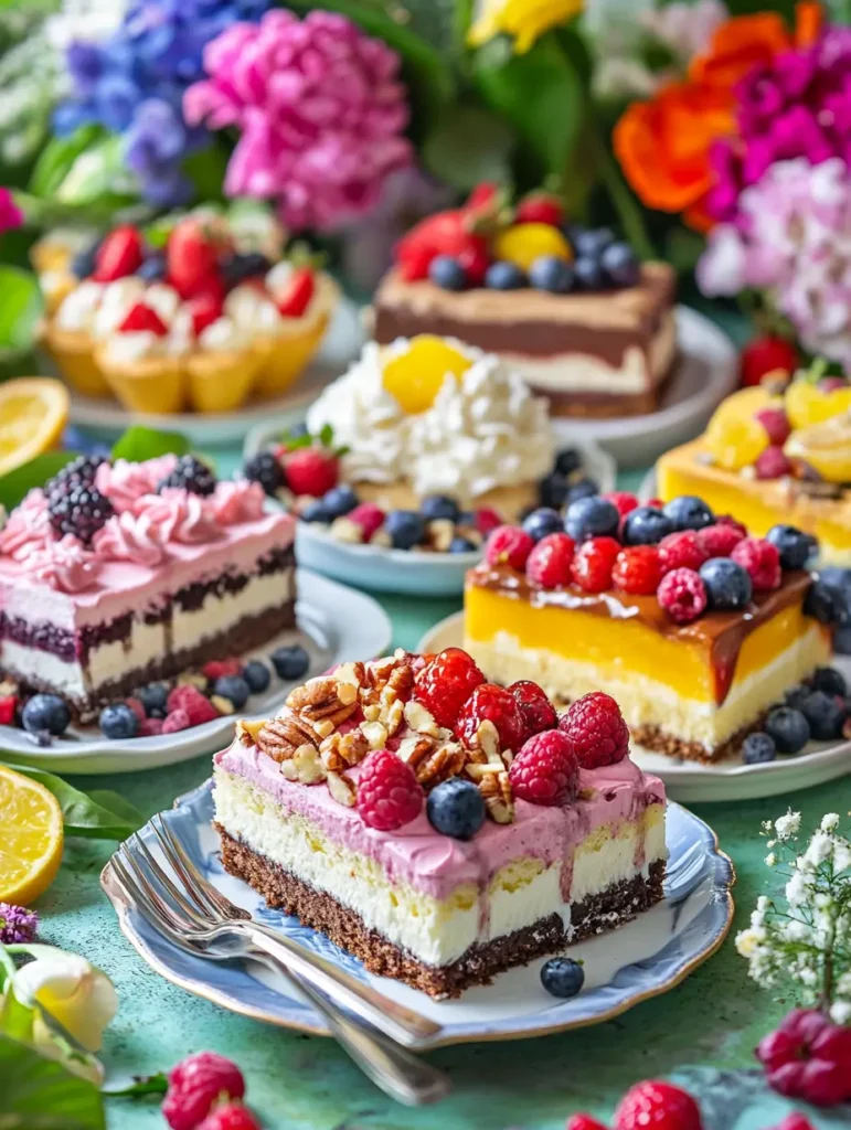 Assorted variations of Kefir Sheet Cake served on elegant plates, topped with fresh berries, whipped cream, pecans, and chocolate.